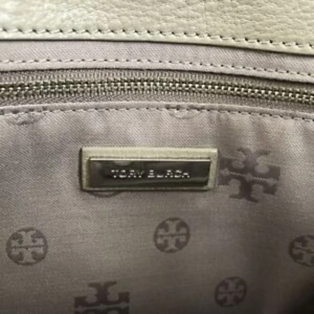 Tory Burch Satchel Handbag Taupe Leather ShoulderBag Purse Tote  Silver hardware